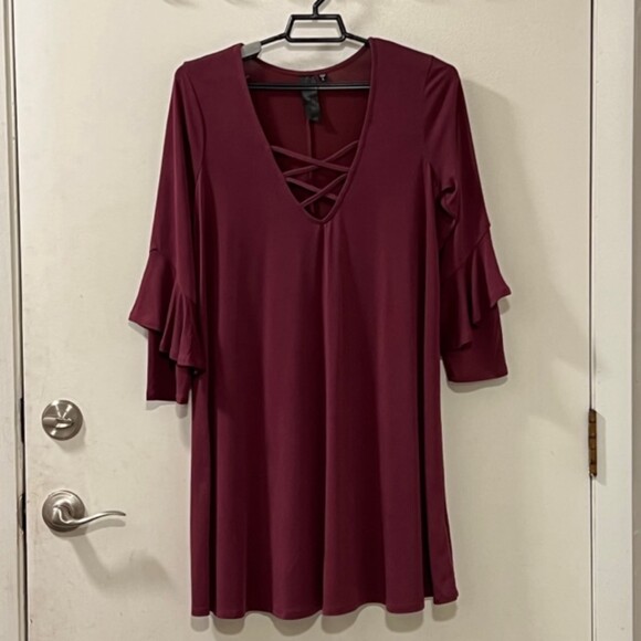 Womens Chic Burgundy Deep V-neck Criss Cross LS Swing Shift Dress Size Large - Picture 5 of 12